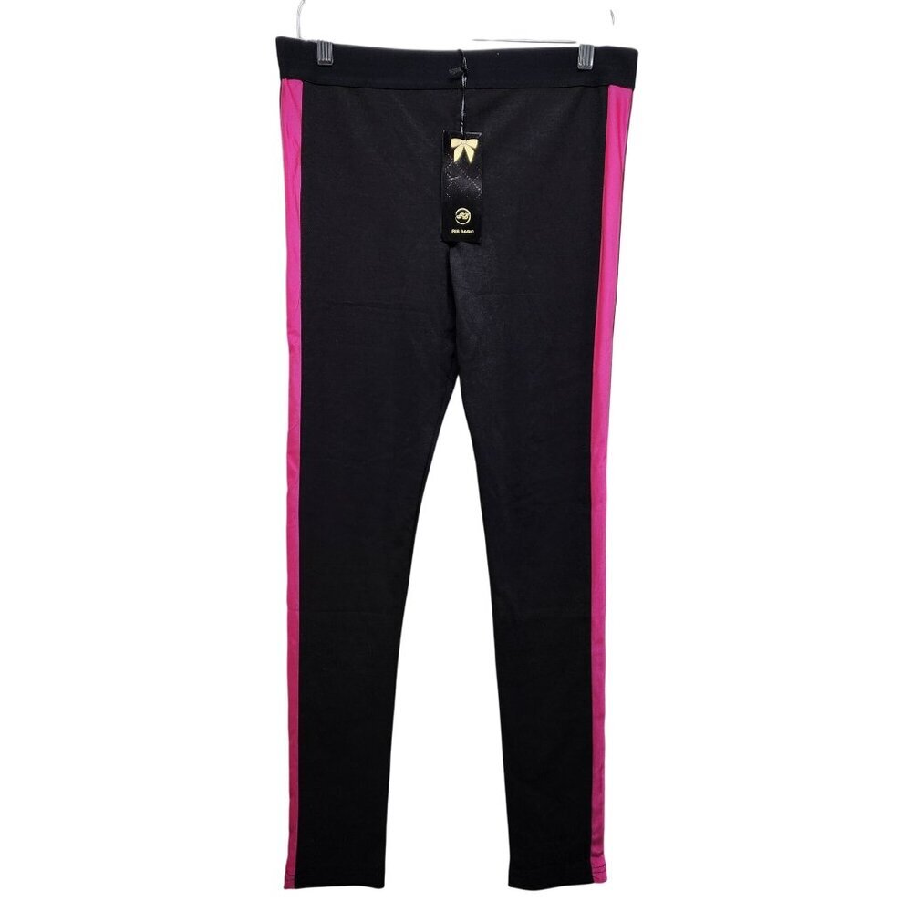 Black Pink Womens Athletic Leggings  Side Stripes Size L Iris Basic Stretchy